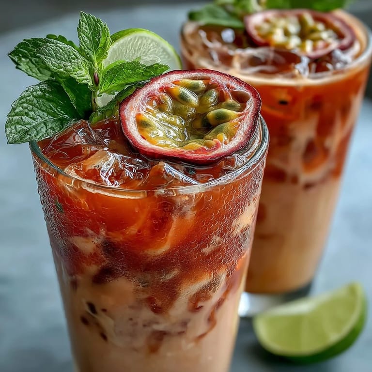 Overhead view of DIY Iced Guava Passionfruit Drink showing creamy coconut milk swirls and sliced strawberries on top.