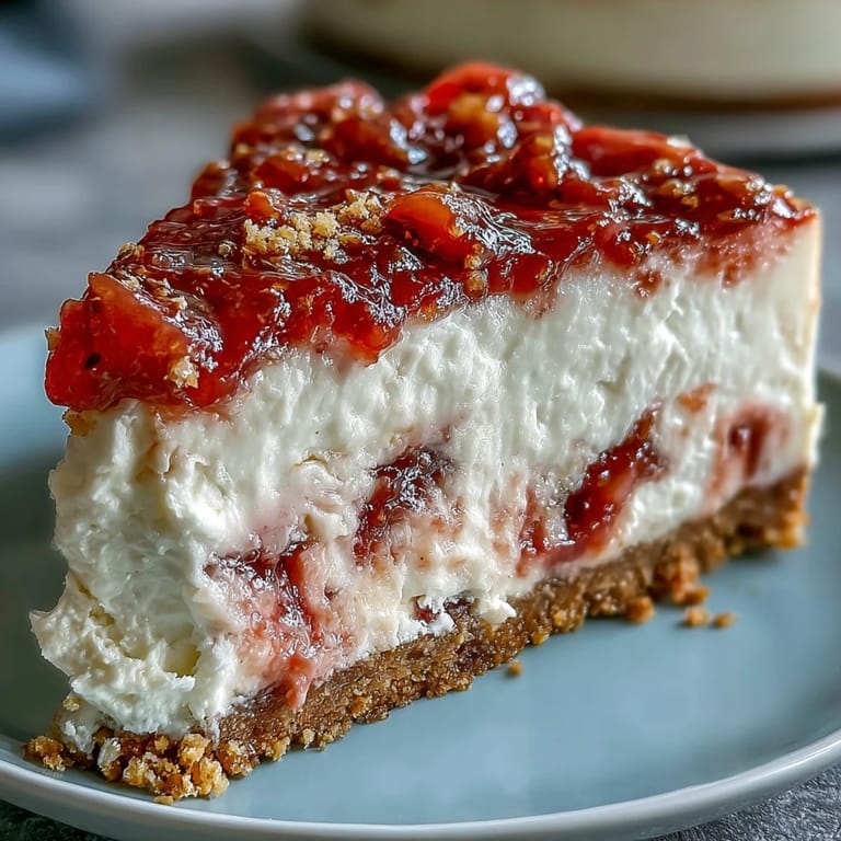 Creamy no-bake Easy Guava Swirl Cheesecake served on a dessert plate with a sweet guava drizzle and lime zest garnish.