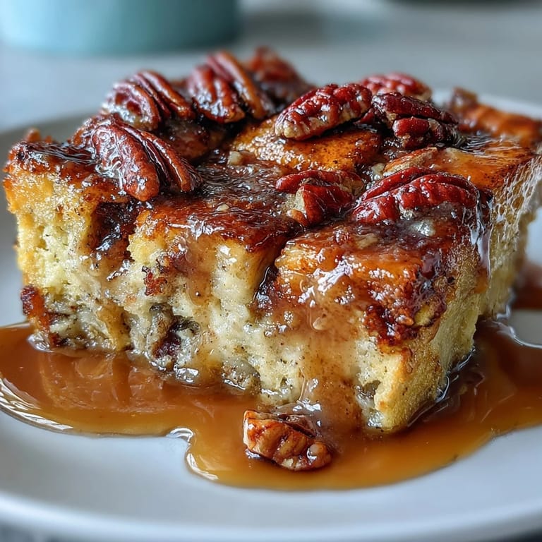 Freshly baked Guava Caramel Bread Pudding With Pecans served warm with a scoop of vanilla ice cream. 