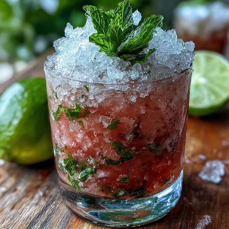 Sliced lime and mint leaves garnish a tropical Guava Mojito, next to a bottle of white rum.