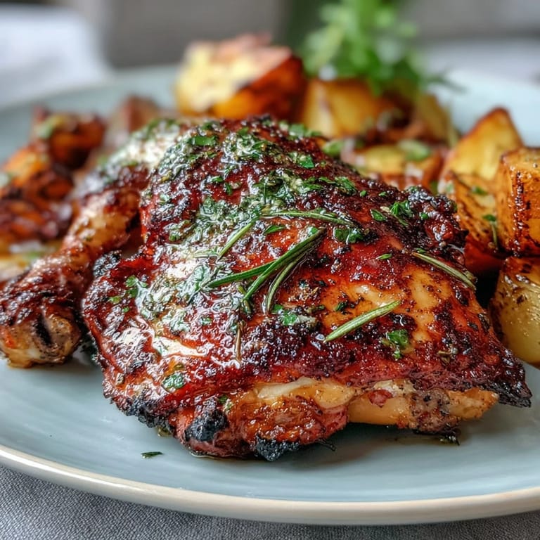 Sheet pan herb chicken with root veggies, featuring crispy skin and caramelized vegetables for an easy dinner.  