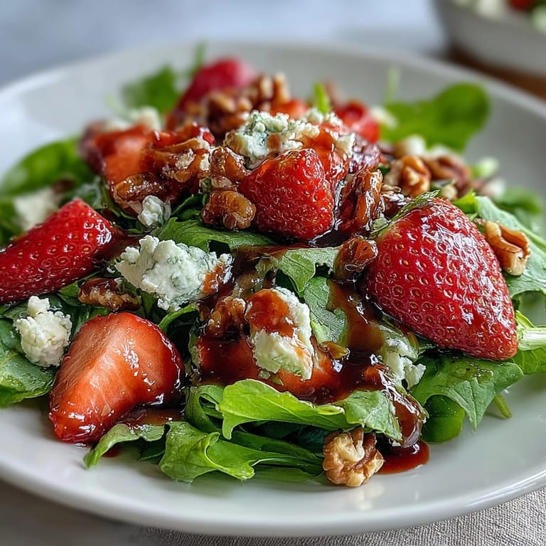 Refreshing strawberry arugula salad topped with creamy goat cheese, red onion, and tangy balsamic drizzle for a colorful appetizer.  