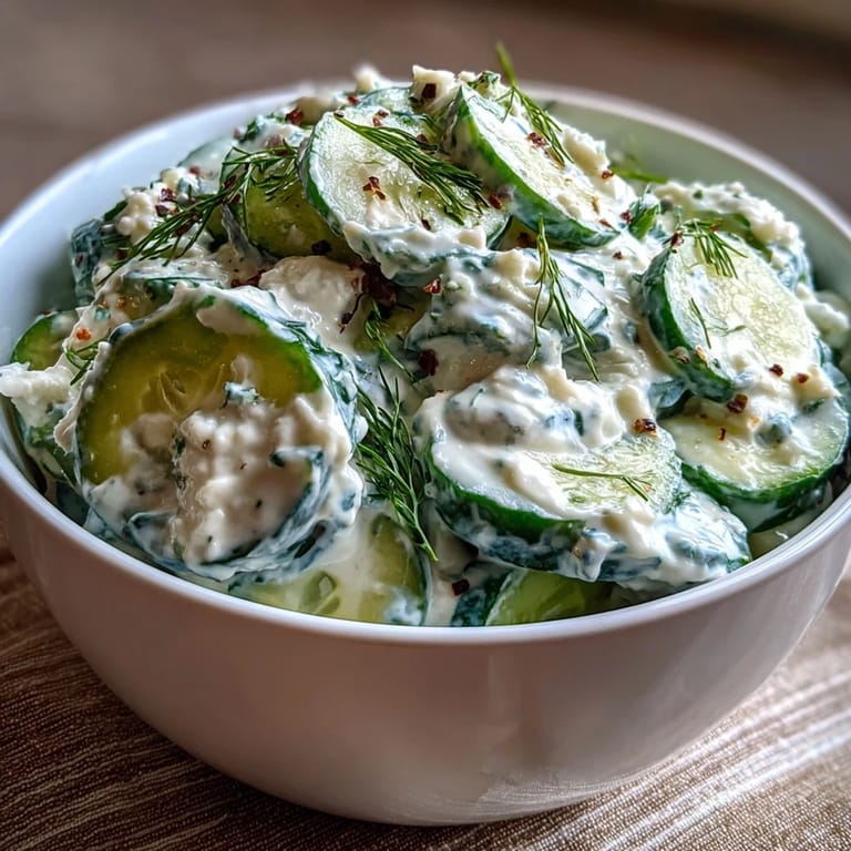 Creamy Cucumber Salad with Dill and Greek Yogurt, featuring thinly sliced cucumbers in a cool, creamy Greek yogurt herb dressing.