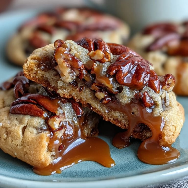 ALT text 2: Rich butter pecan cookies baked to perfection, swirled with gooey caramel and topped with crunchy toasted pecans for a decadent treat.