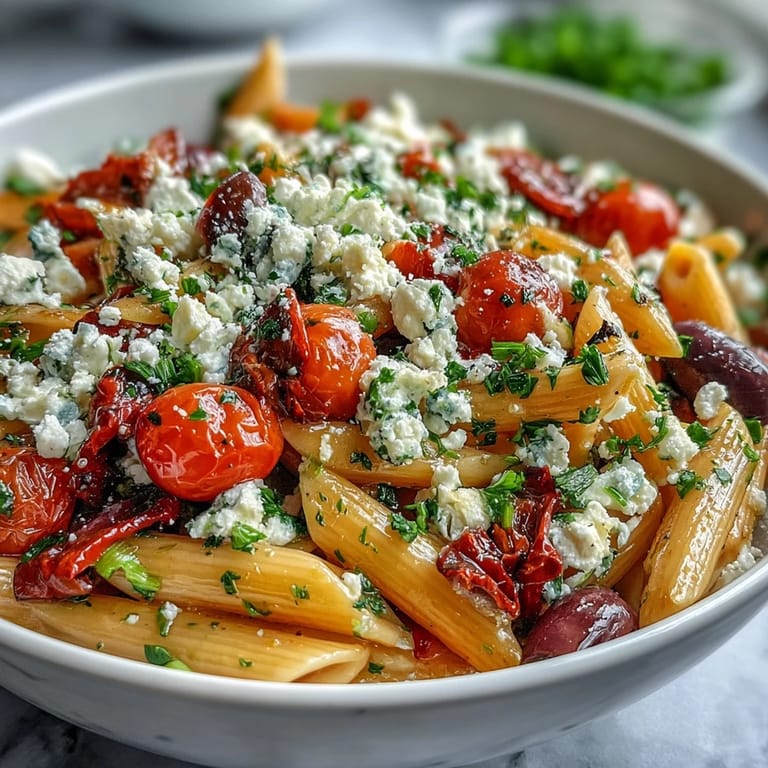 Vibrant Greek Pasta Salad with Olives and Feta, tossed with crisp cucumber, bell peppers, and juicy cherry tomatoes.
