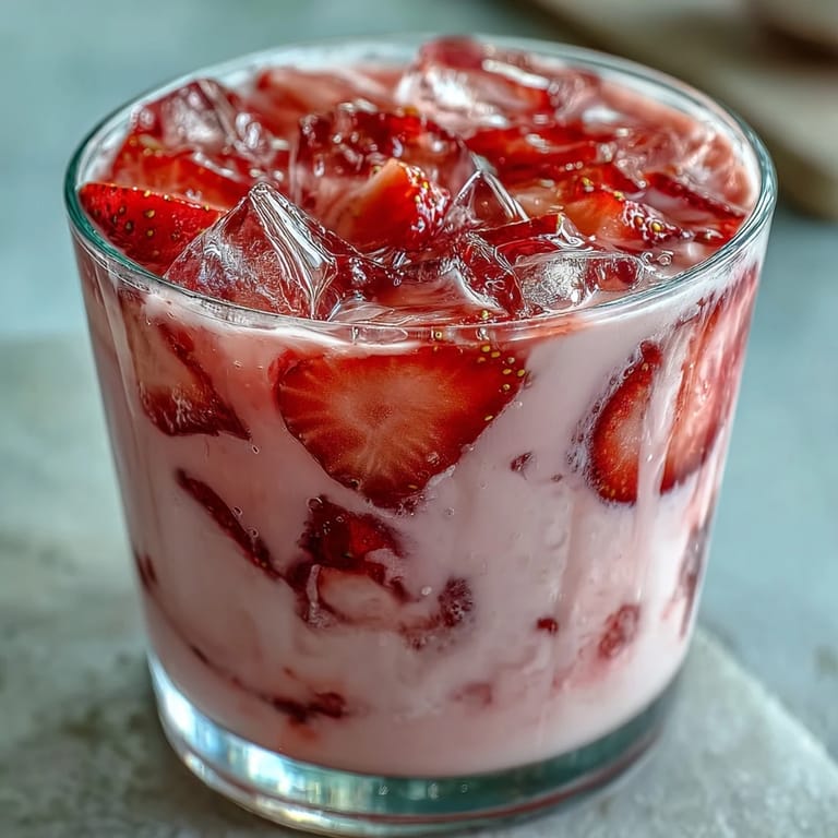 Two glasses of chilled Pink Starburst Refresher topped with fresh strawberry slices, offering a fruity, creamy summer drink.