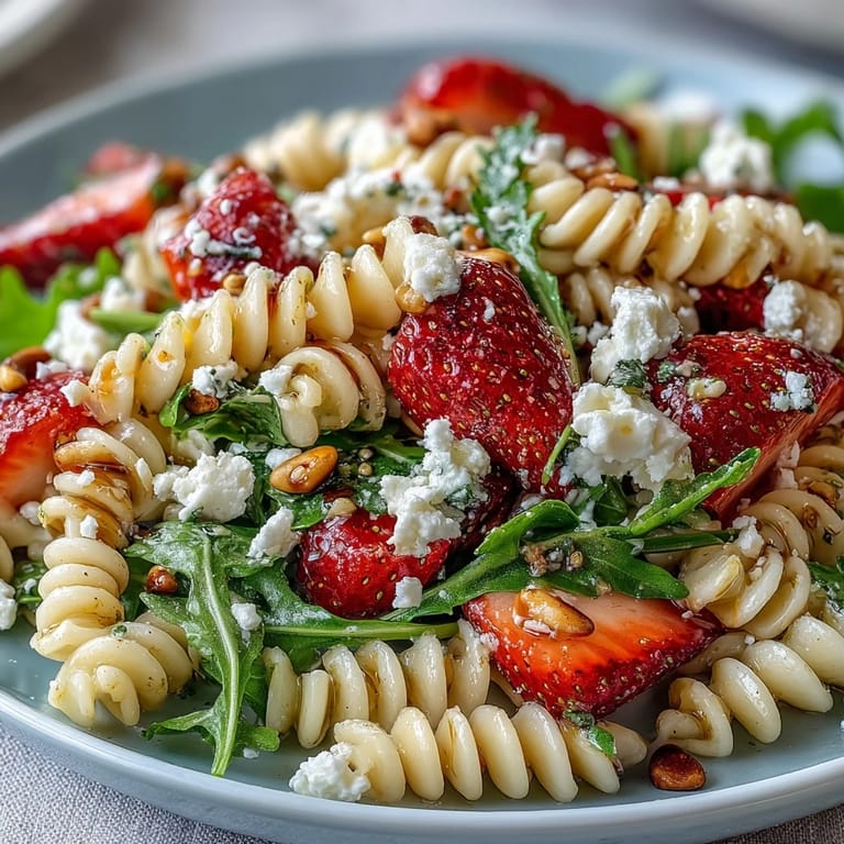 Colorful spring pasta salad with juicy strawberries, crumbled feta, and fresh arugula, drizzled with honey-lemon dressing for a bright Mediterranean flavor.