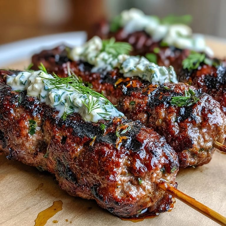 Flavorful lamb kofta with aromatic spices, accompanied by refreshing tzatziki and lemon wedges for a satisfying meal.