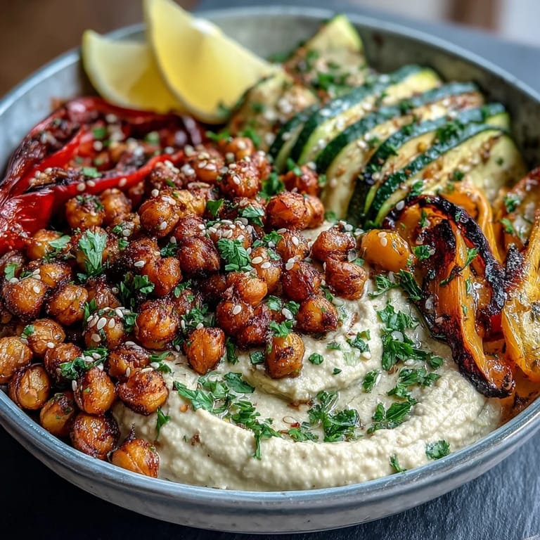 Golden, crunchy roasted chickpeas atop a bed of smooth hummus and smoky grilled veggies, garnished with parsley and sesame seeds.  