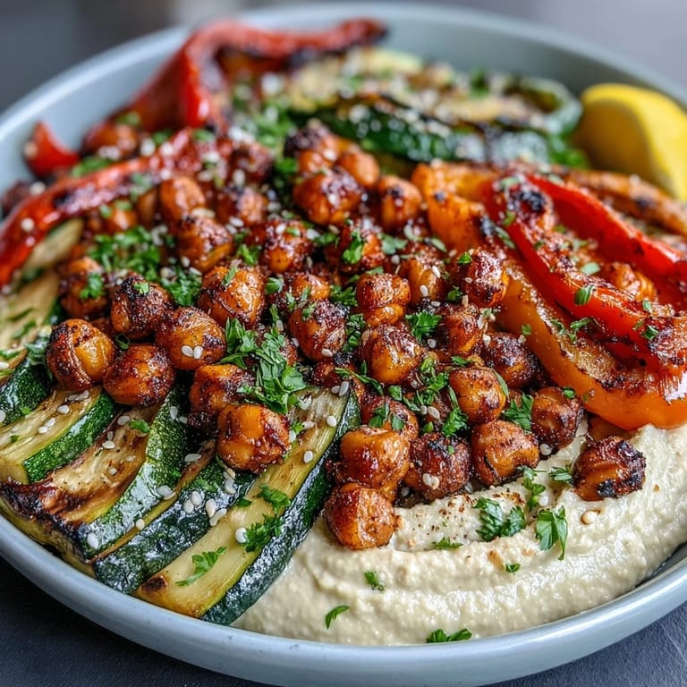 A vibrant Mediterranean-inspired bowl featuring crispy chickpeas, hummus, and charred vegetables, perfect for a protein-rich, gluten-free lunch or dinner.