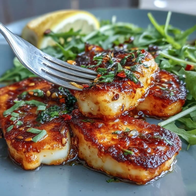A vibrant plate of hot honey halloumi, where chili-kissed honey meets salty cheese atop fresh greens.