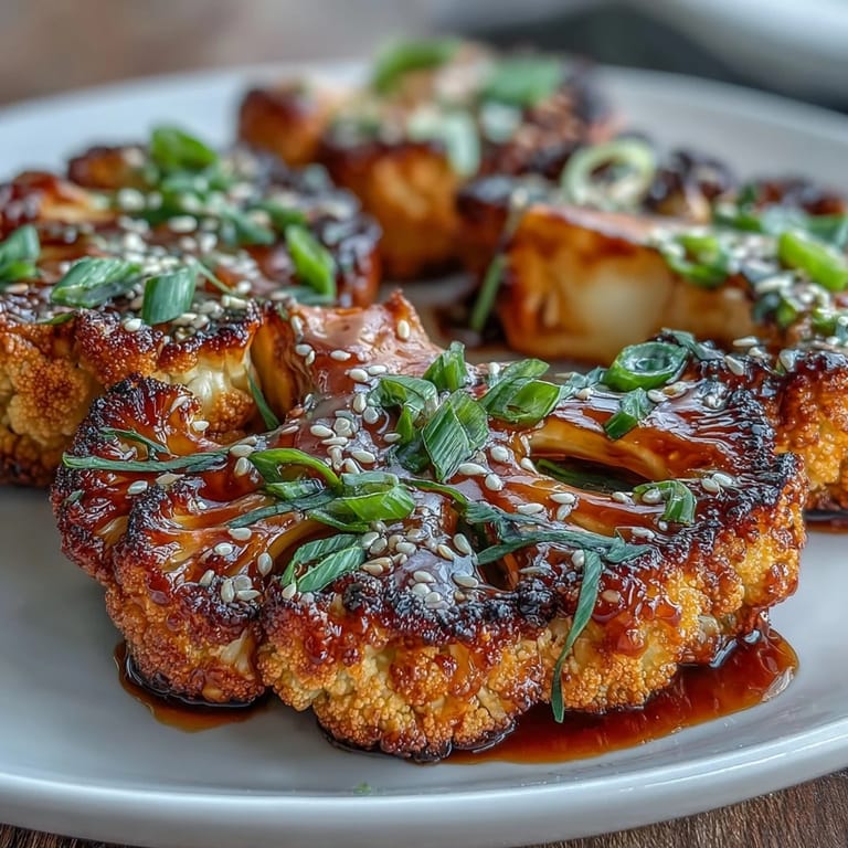 Thick cauliflower steaks roasted until tender, then coated in a glossy, savory-sweet teriyaki glaze for a hearty plant-based entrée.