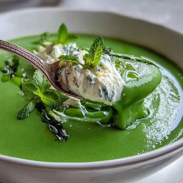 Warm bowl of spring pea soup with fluffy ricotta and bright mint oil.