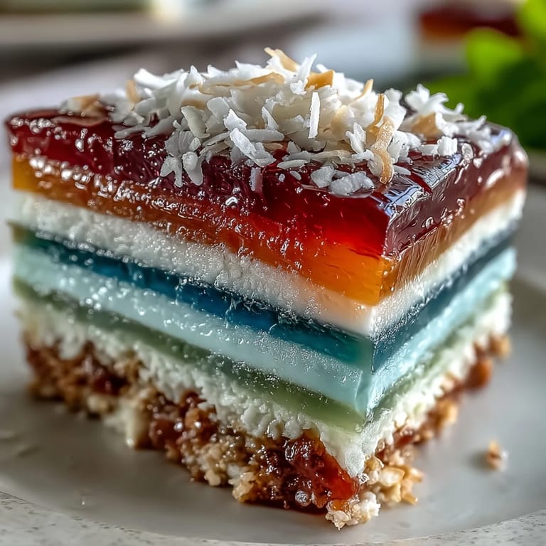 Sleek agar-agar rainbow jelly cake showing off bright, fruity layers ready for dessert.