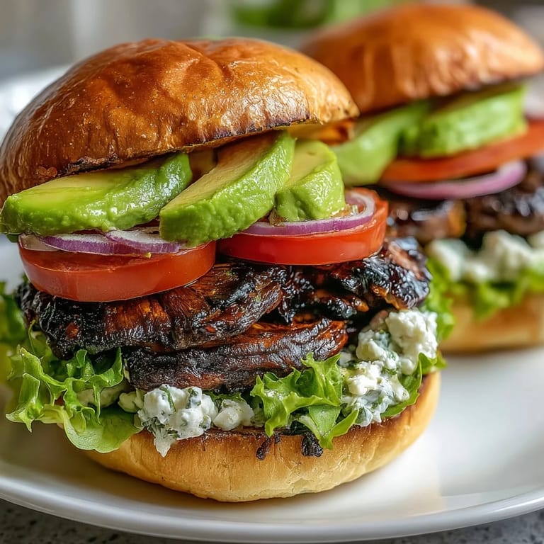Savory grilled portobello mushroom burgers, ready to be devoured with fresh toppings.