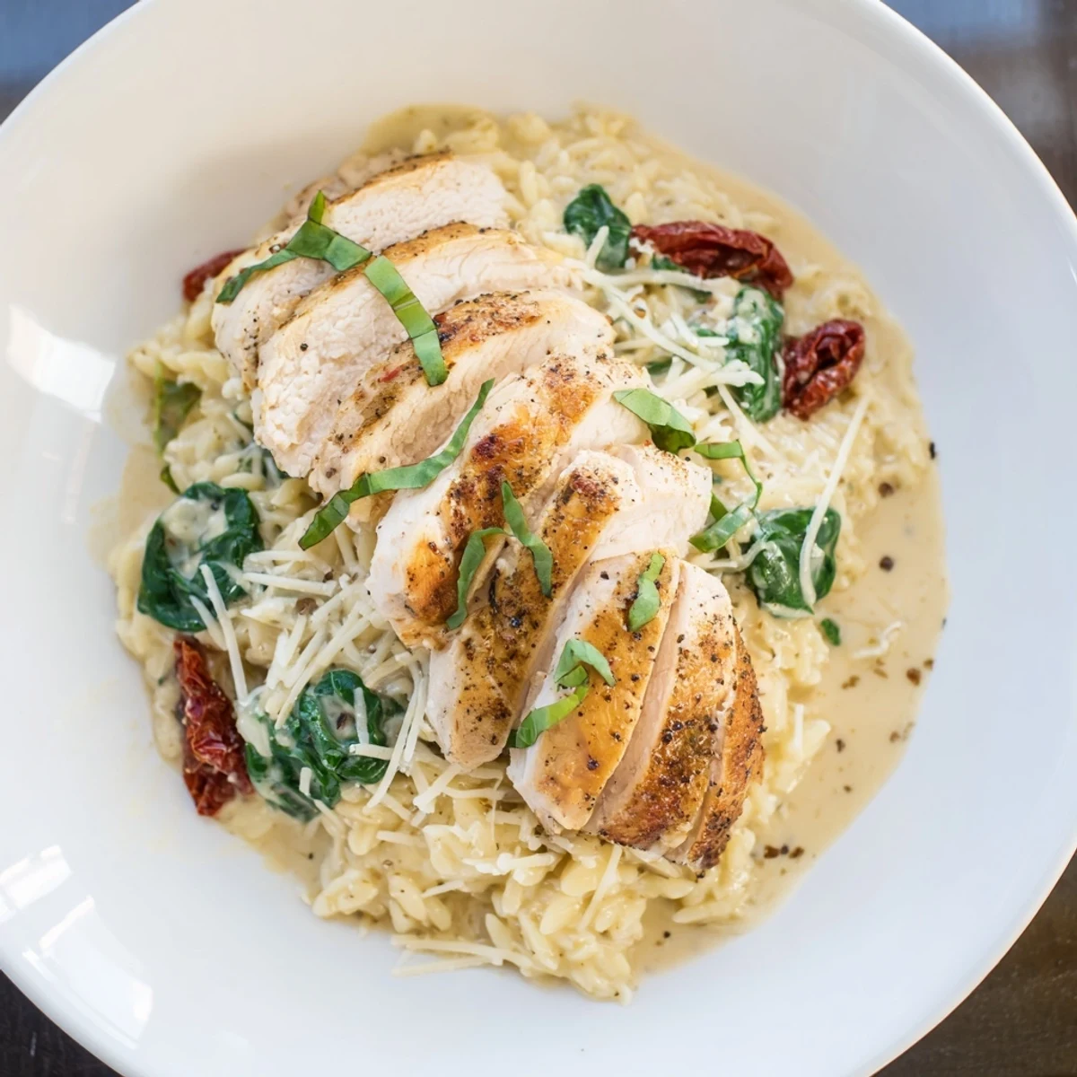 A close-up of Marry Me Chicken Orzo, with creamy sauce and golden chicken slices, garnished beautifully.