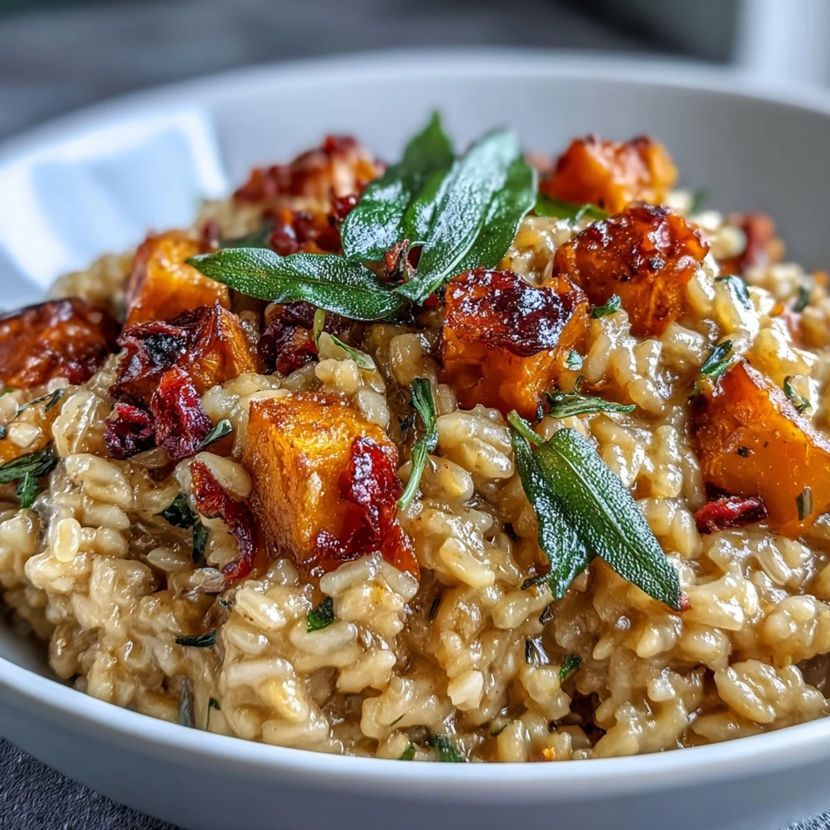Creamy Vegan Pumpkin Risotto garnished with crispy sage leaves and lemon zest served in a rustic bowl.
