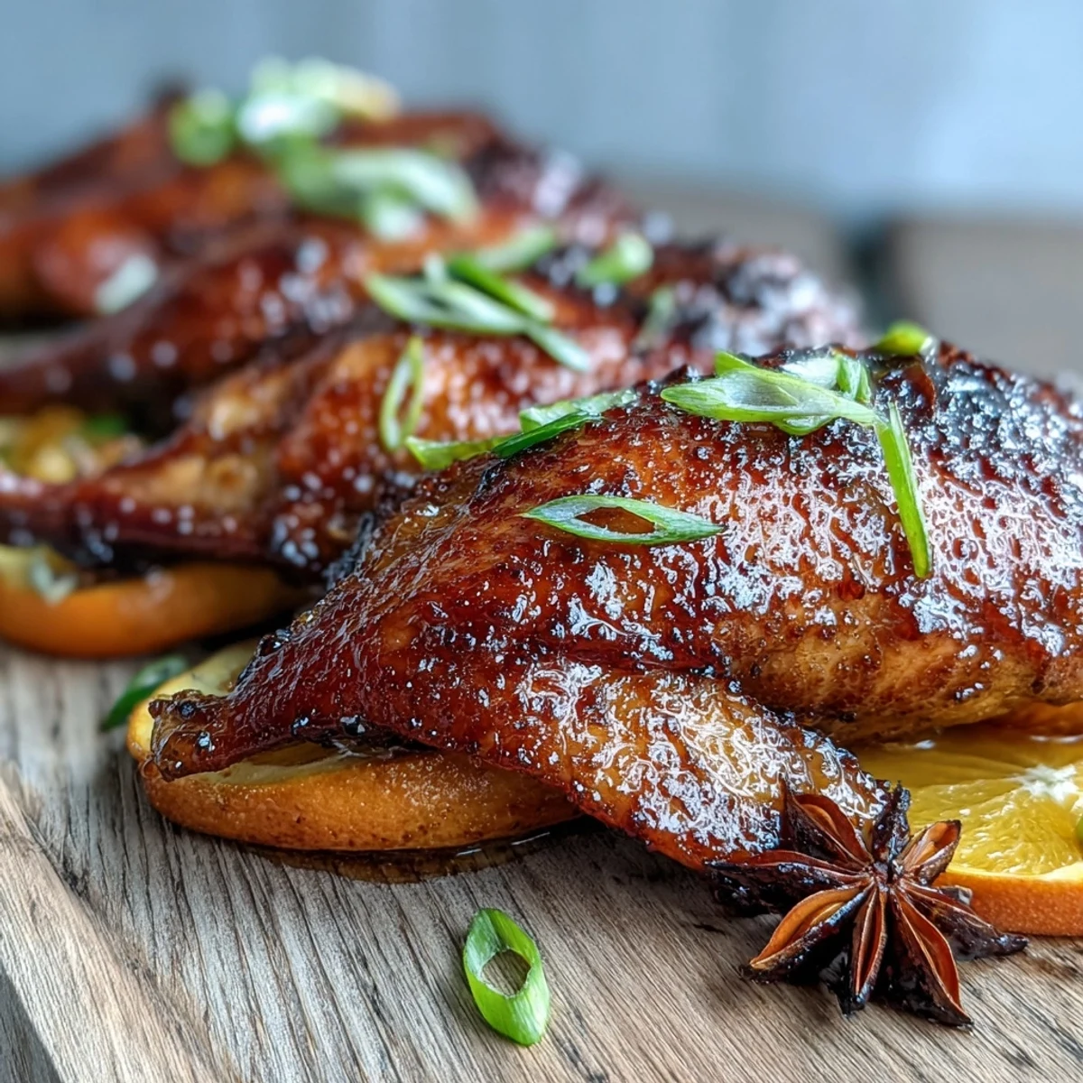 Golden-brown Five-Spice Roast Ducks resting on a platter, garnished with fresh star anise and orange slices for a festive presentation.