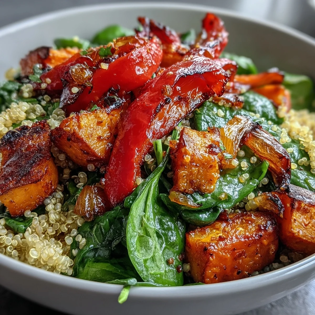A close-up of a vibrant Warm Salad Bowl with roasted sweet potato, red pepper, and zucchini over quinoa.