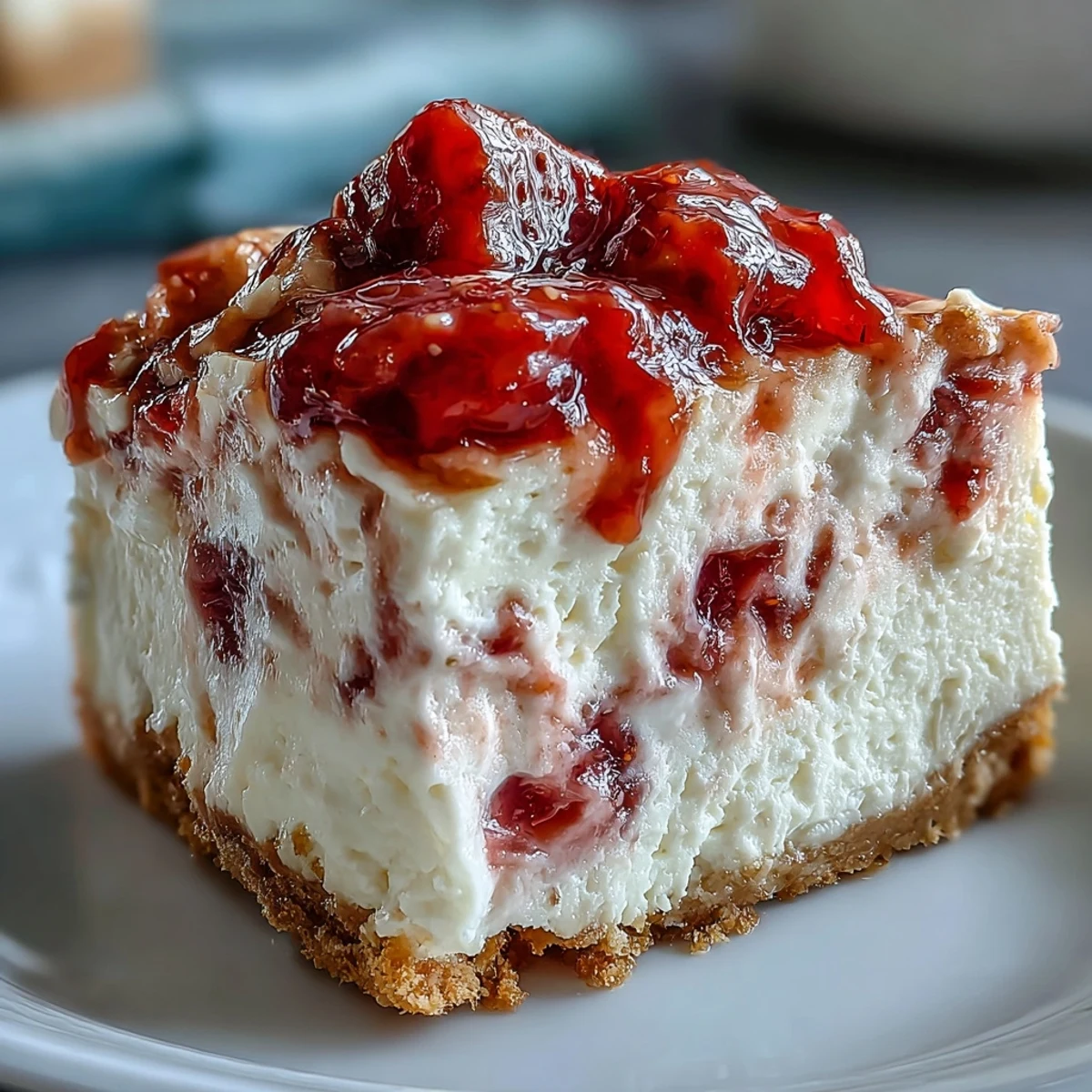 A chilled slice of Easy Guava Swirl Cheesecake with a buttery biscuit crust and vibrant pink swirls of guava marmalade.