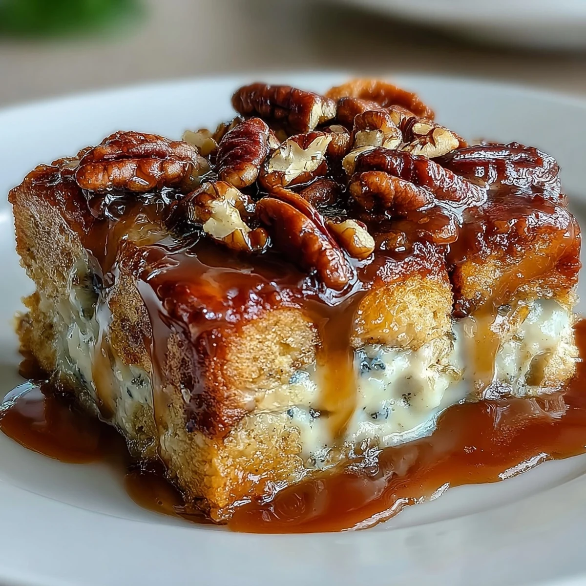 Golden slices of Guava Caramel Bread Pudding With Pecans bubbling with sticky caramel sauce. 