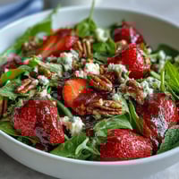 Vibrant strawberry arugula salad with goat cheese, toasted pecans, and balsamic glaze—perfect for spring dinner parties.  