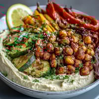 Crispy chickpea bowls brimming with spiced roasted chickpeas, creamy hummus, and colorful grilled vegetables for a hearty vegan meal.  