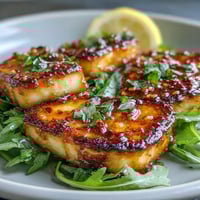 Crispy golden halloumi slices drizzled with chili-infused honey, served on a bed of fresh arugula.