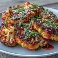 Golden-brown cauliflower steaks glazed with sweet teriyaki sauce, perfect for a flavorful vegetarian main dish.