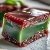 Elegant Yokan Japanese Red Bean Jelly with Matcha Layer, beautifully sliced and ready to serve.