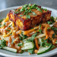 Vibrant Thai Mango Salad with golden crispy tofu, drizzled generously with peanut sauce.