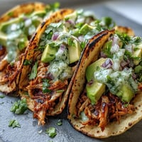 Shredded slow cooker salsa verde chicken tacos piled high on warm tortillas.